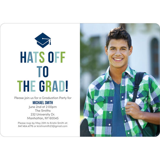 Blue and Green Hats Off Photo Graduation Invitations